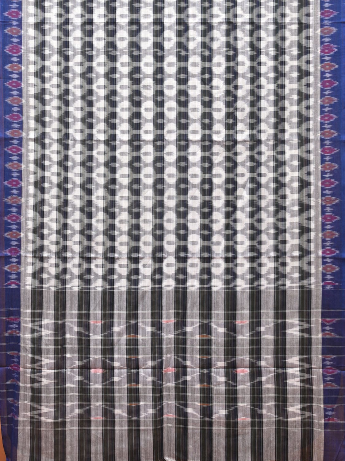 White and Black Pochampally Ikat Cotton Handloom Saree with Strips Design No Blouse - Global Threads | Swadesiicart