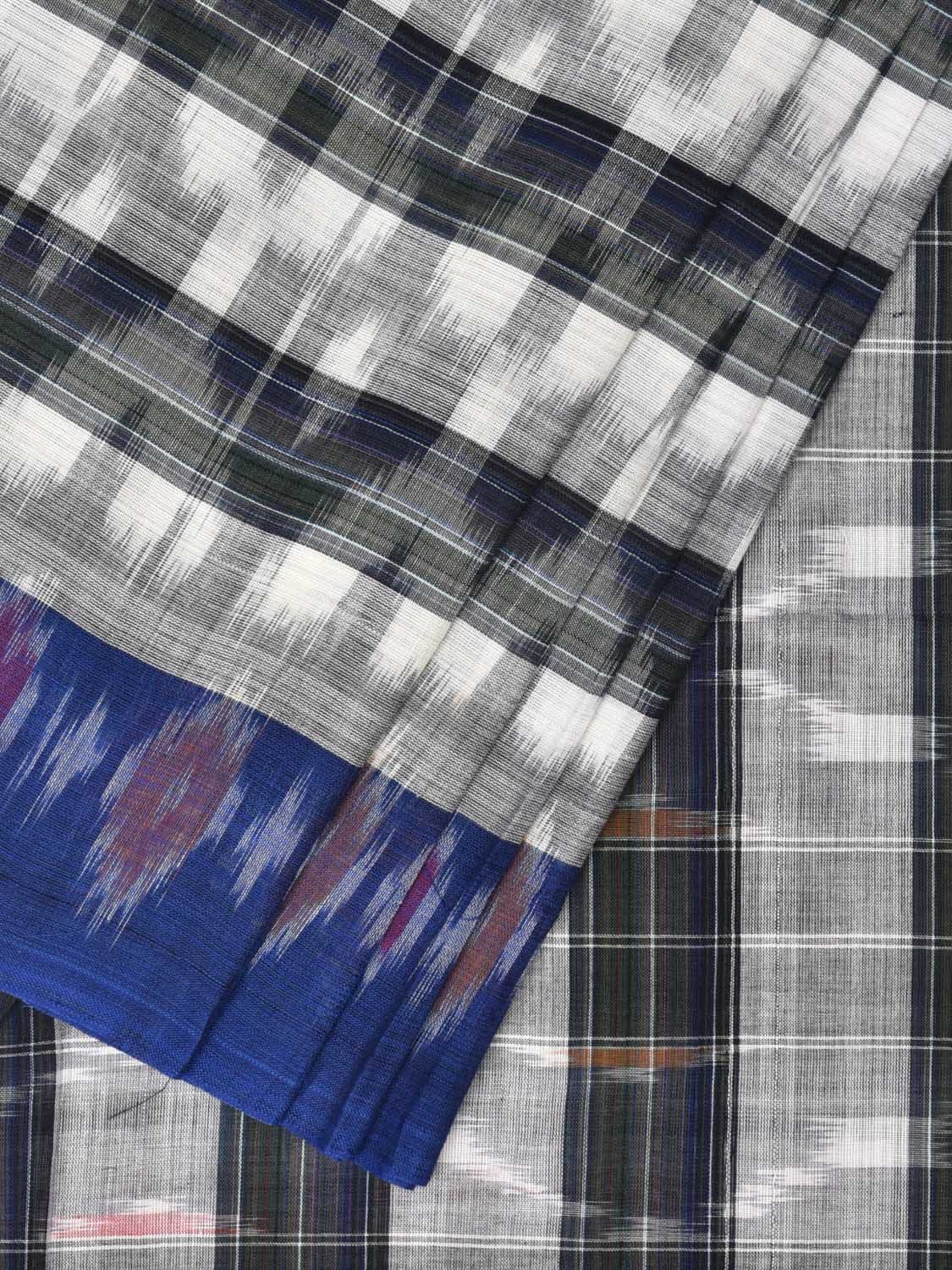 White and Black Pochampally Ikat Cotton Handloom Saree with Strips Design No Blouse - Global Threads | Swadesiicart