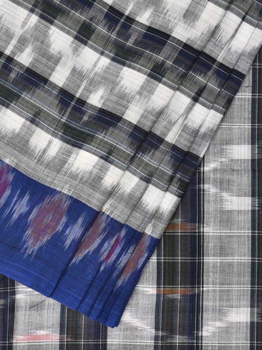 White and Black Pochampally Ikat Cotton Handloom Saree with Strips Design No Blouse - Global Threads | Swadesiicart