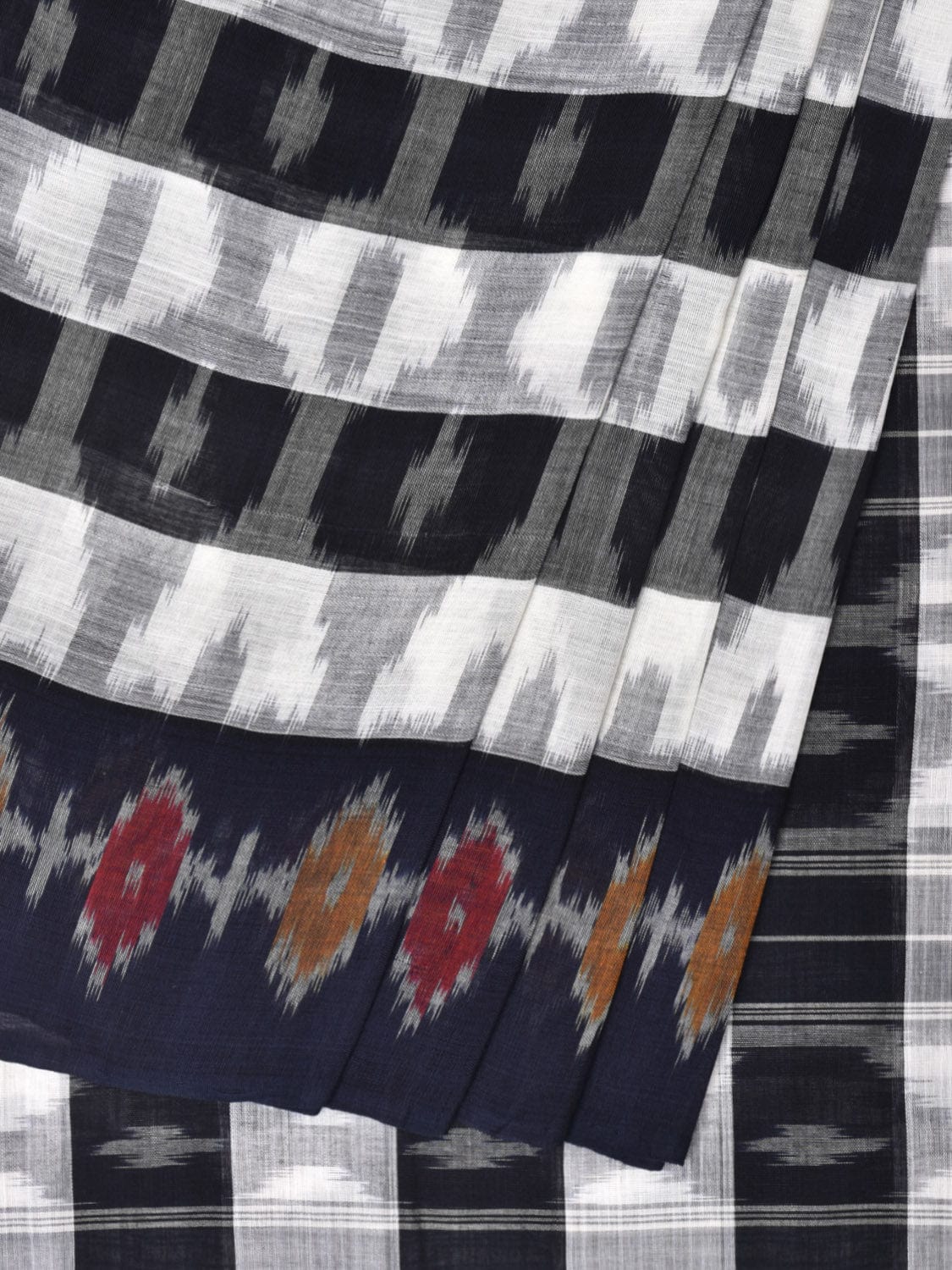 White and Black Pochampally Ikat Cotton Handloom Saree with Strips Design No Blouse - Global Threads | Swadesiicart
