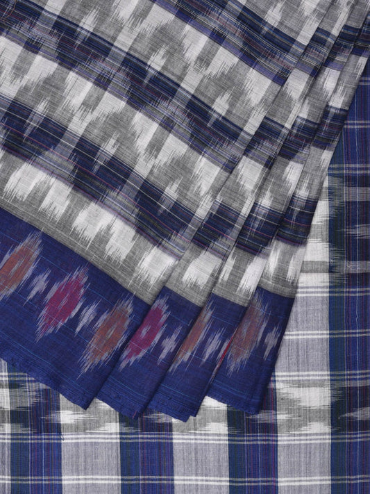 White and Blue Pochampally Ikat Cotton Handloom Saree with Strips Design No Blouse - Global Threads | Swadesiicart