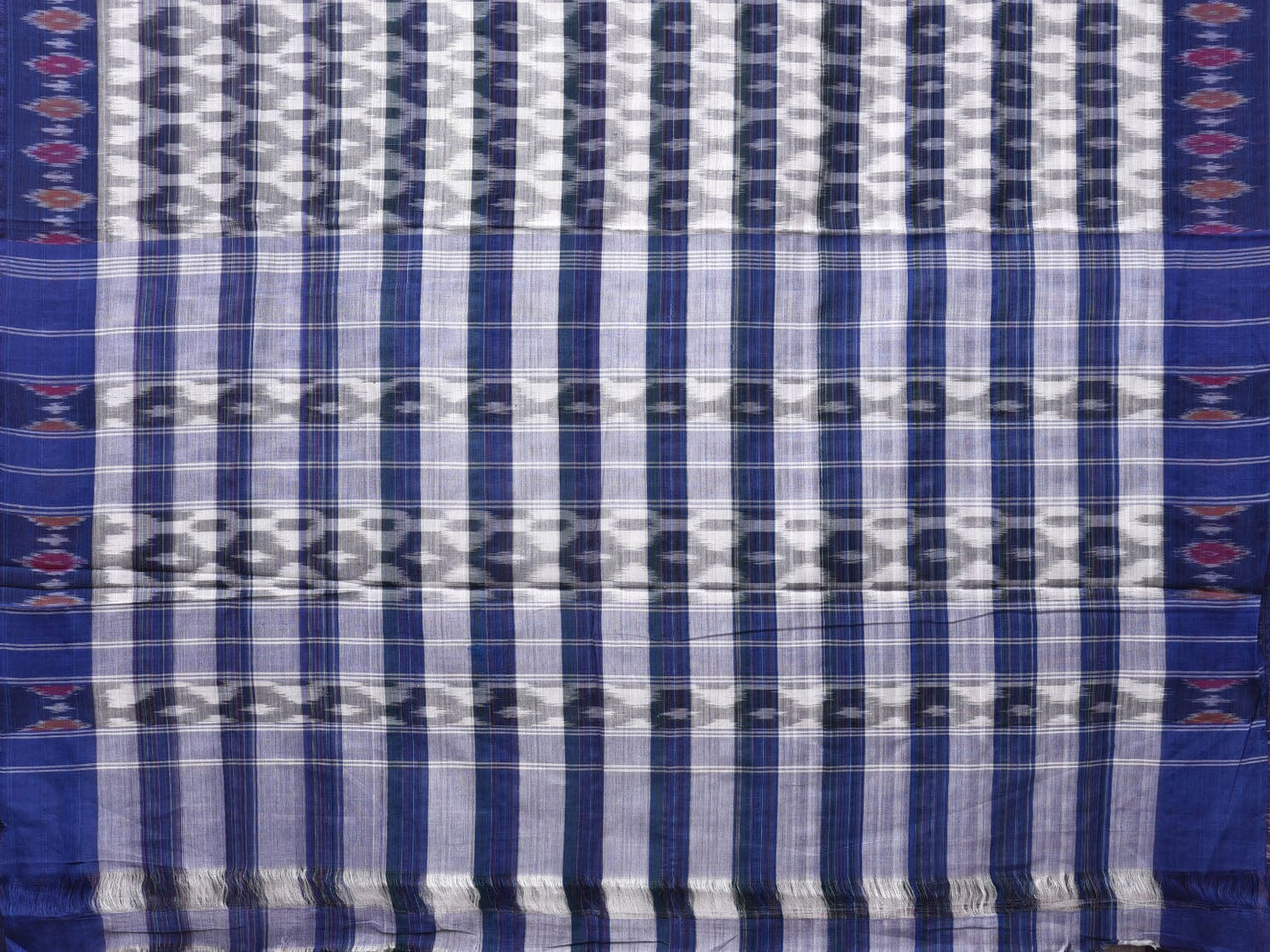 White and Blue Pochampally Ikat Cotton Handloom Saree with Strips Design No Blouse - Global Threads | Swadesiicart