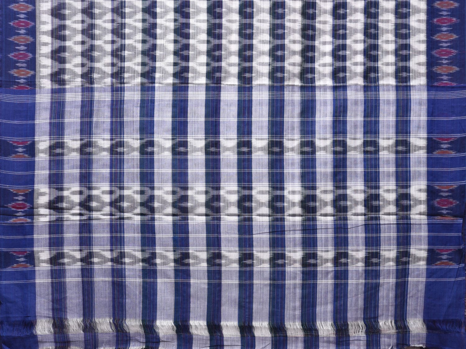 White and Blue Pochampally Ikat Cotton Handloom Saree with Strips Design No Blouse - Global Threads | Swadesiicart