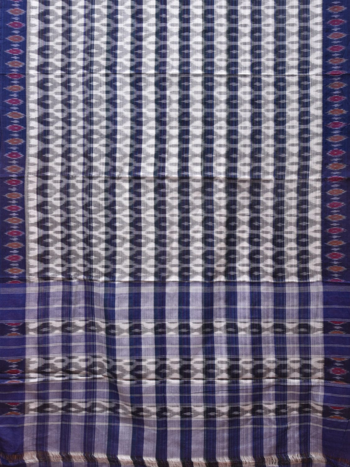 White and Blue Pochampally Ikat Cotton Handloom Saree with Strips Design No Blouse - Global Threads | Swadesiicart