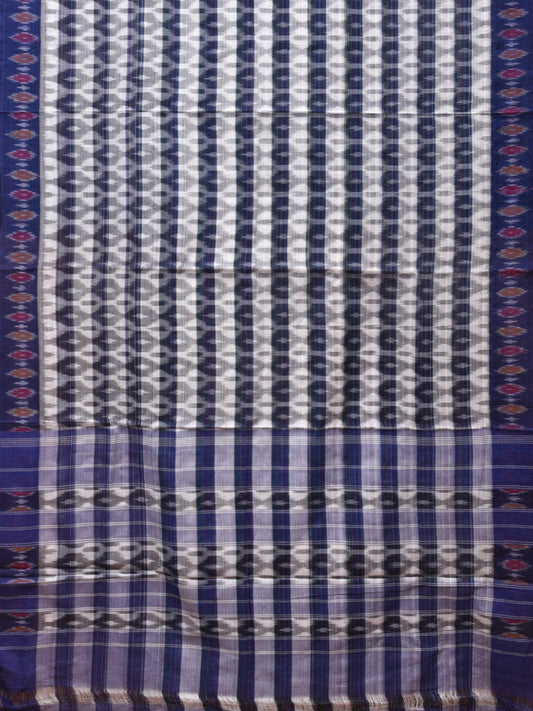 White and Blue Pochampally Ikat Cotton Handloom Saree with Strips Design No Blouse - Global Threads | Swadesiicart