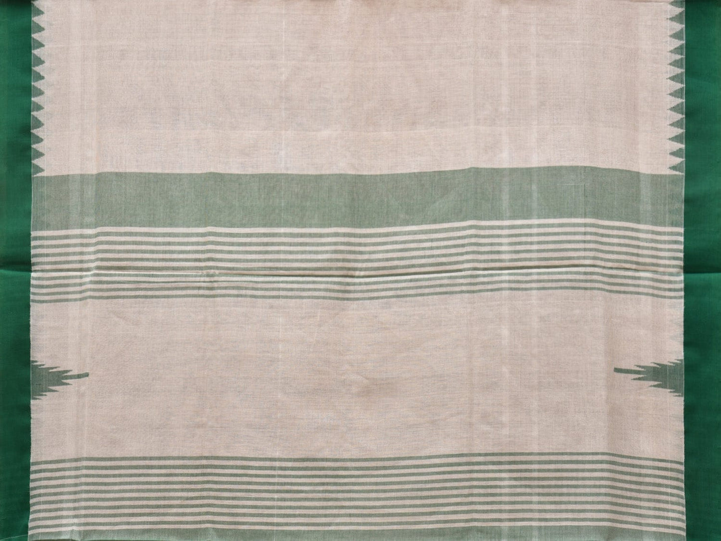 White and Green Khadi Cotton Handloom Plain Saree with Temple Border Design - Global Threads | Swadesiicart