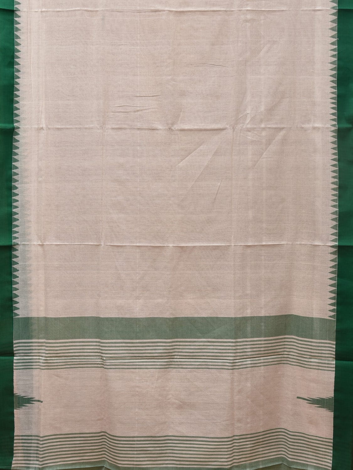 White and Green Khadi Cotton Handloom Plain Saree with Temple Border Design - Global Threads | Swadesiicart