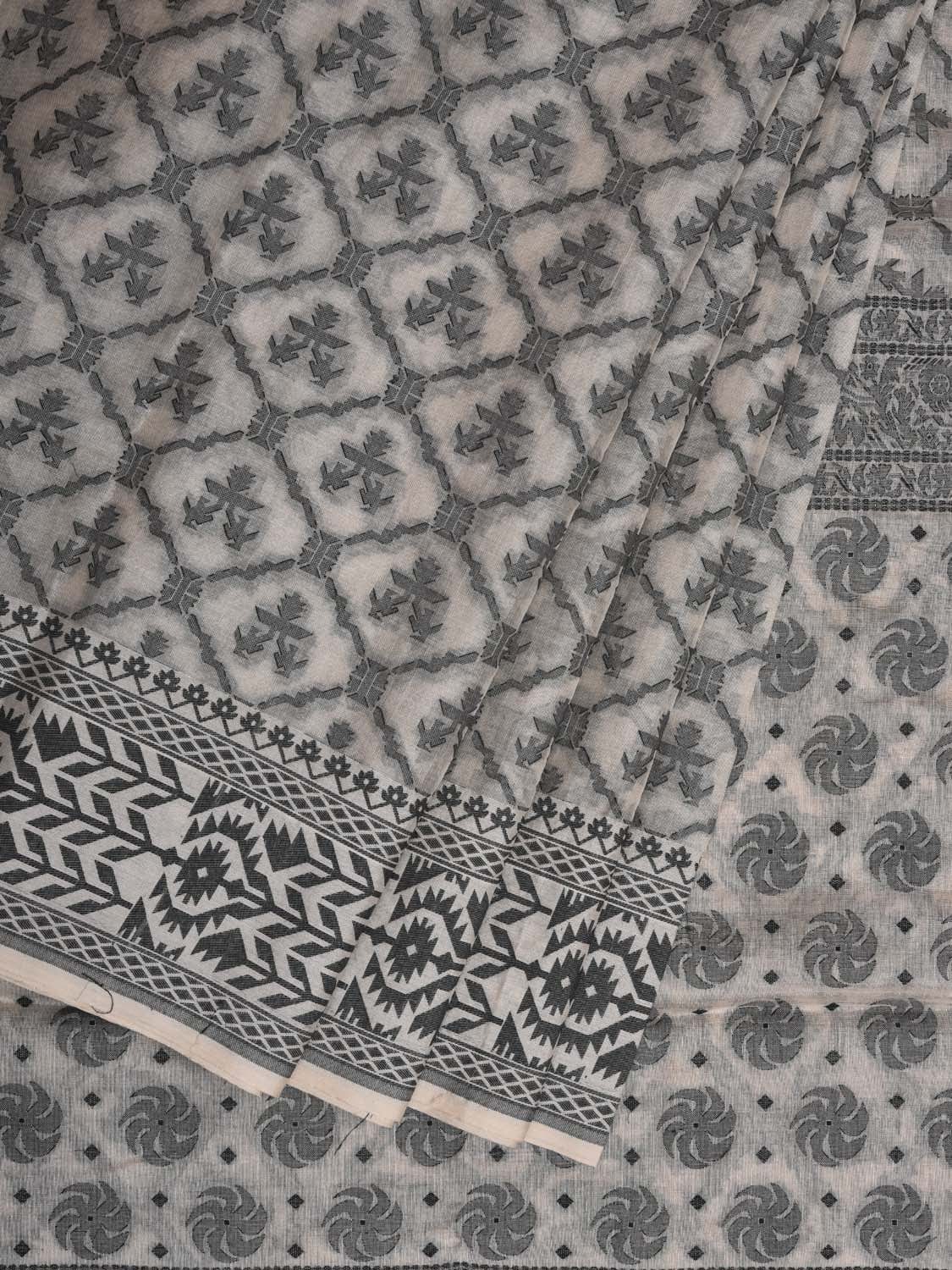 White Cut Work Cotton Handloom Saree with All Over Jamdani Style Design - Global Threads | Swadesiicart