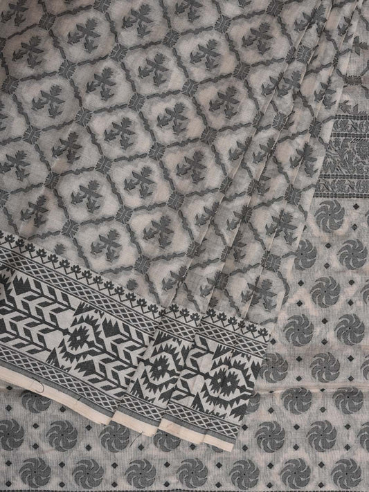White Cut Work Cotton Handloom Saree with All Over Jamdani Style Design - Global Threads | Swadesiicart