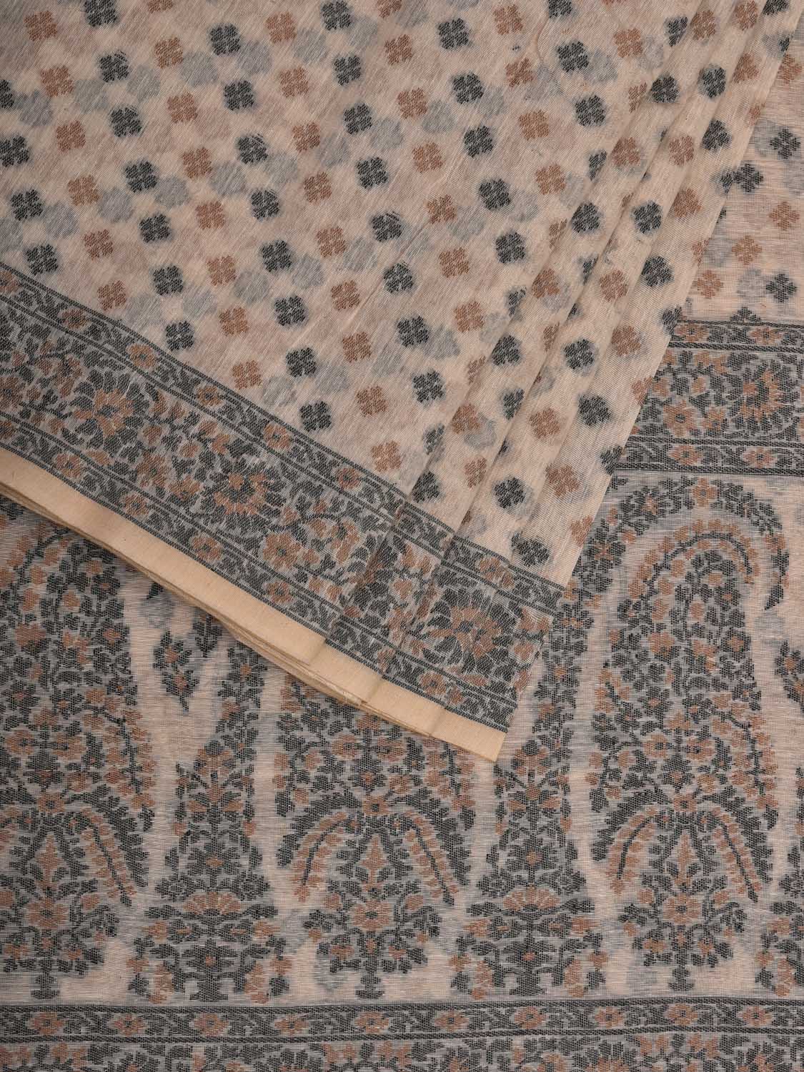 White Cut Work Sico Cotton Saree with All Over Banaras Design - Global Threads | Swadesiicart