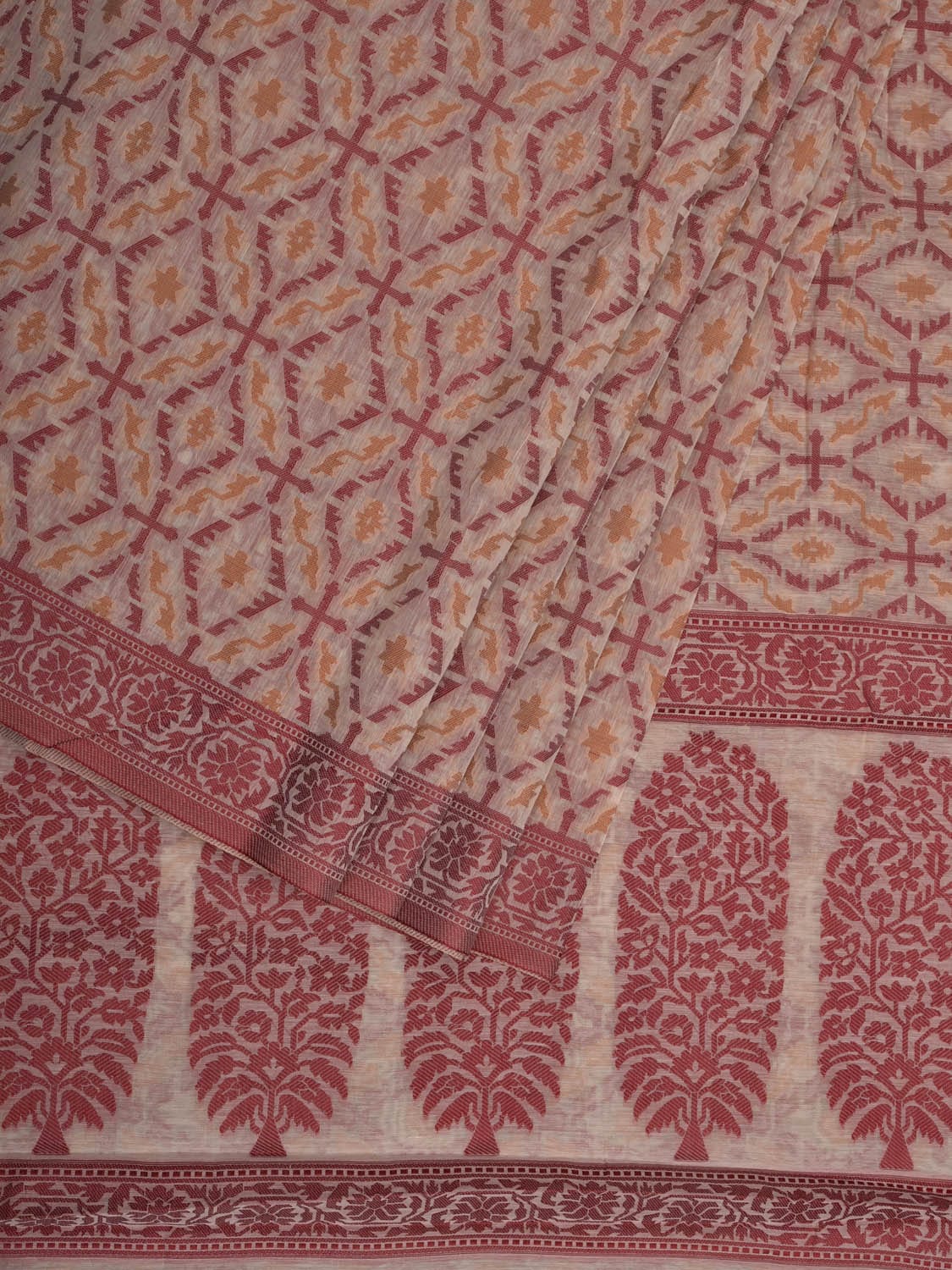 White Cut Work Sico Cotton Saree with All Over Banaras Design - Global Threads | Swadesiicart