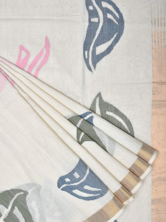 White Khadi Cotton Handloom Saree with Pallu Design - Global Threads | Swadesiicart