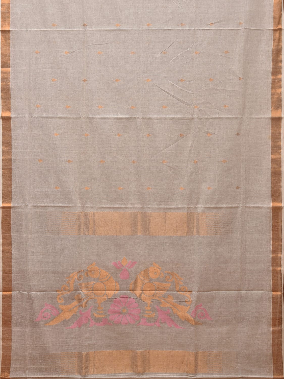 White Khadi Cotton Handloom Saree with Parrots Pallu Design - Global Threads | Swadesiicart