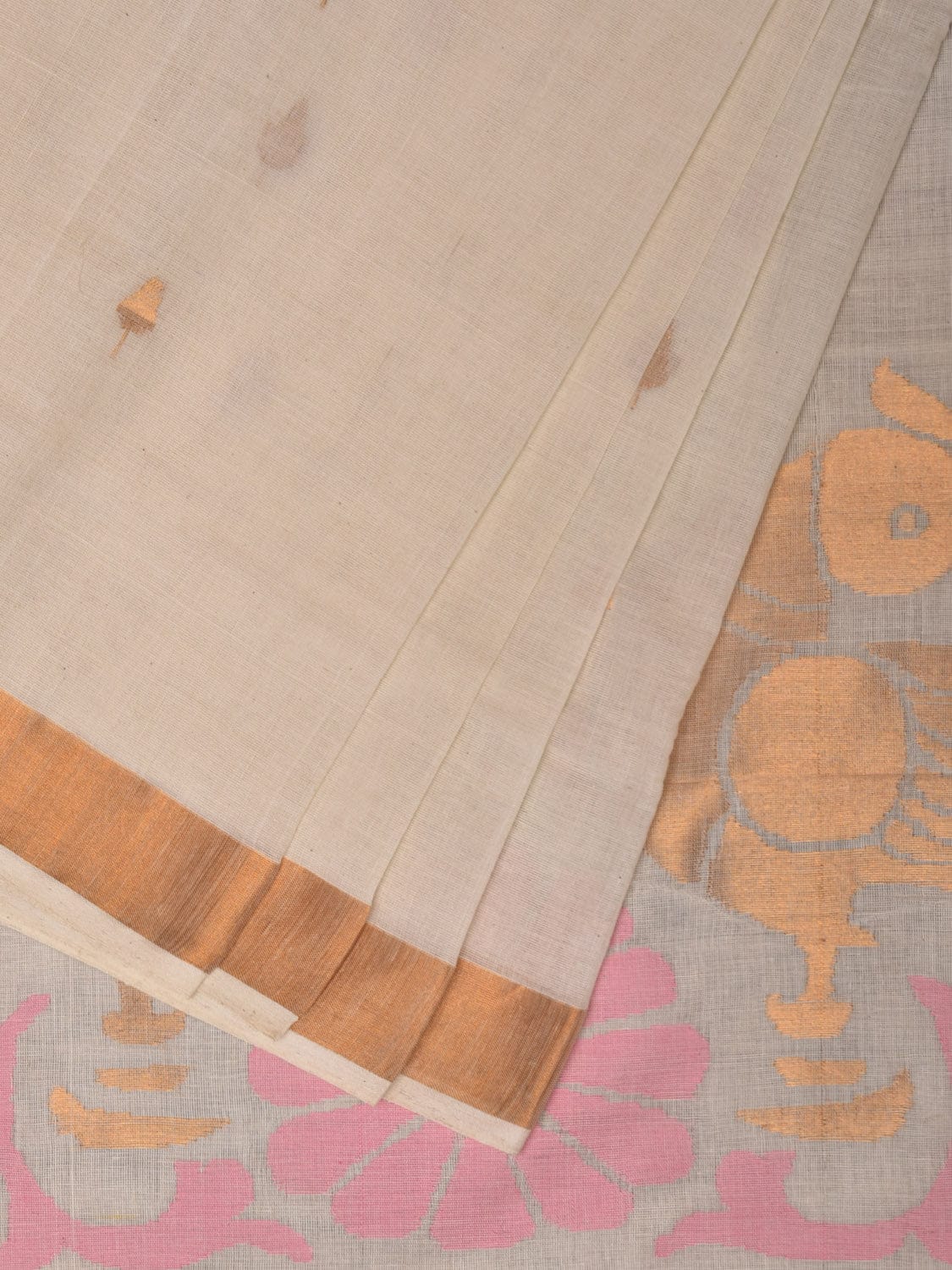 White Khadi Cotton Handloom Saree with Parrots Pallu Design - Global Threads | Swadesiicart