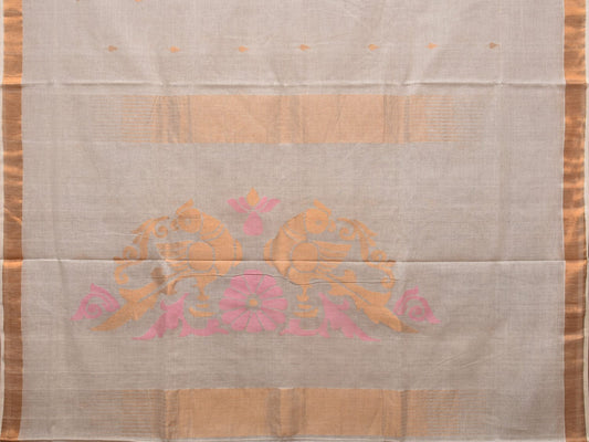 White Khadi Cotton Handloom Saree with Parrots Pallu Design - Global Threads | Swadesiicart