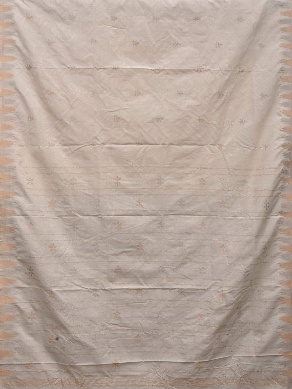 White Khadi Cotton Handloom Saree with Temple Border and Buta Design - Global Threads | Swadesiicart