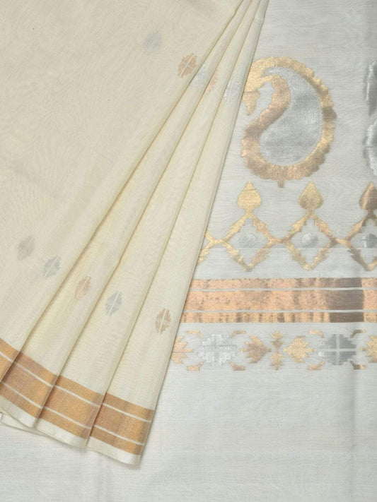 White Uppada Cotton Handloom Saree with Mango Design Pallu - Global Threads | Swadesiicart