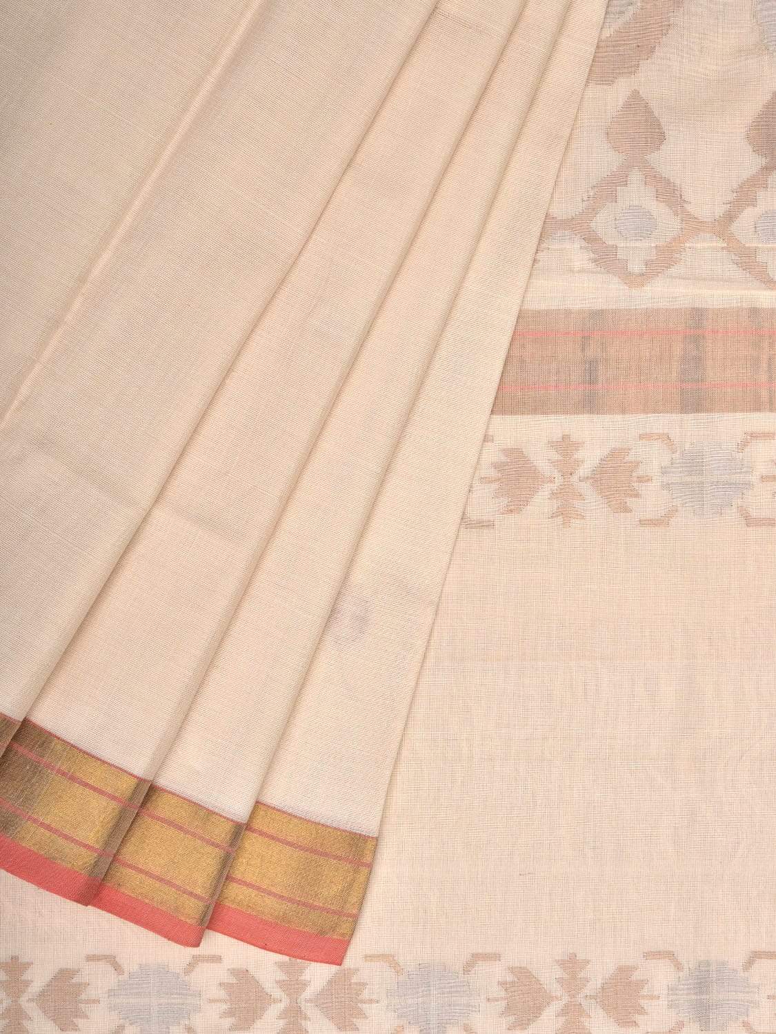 White Uppada Cotton Handloom Saree with Mango Design Pallu - Global Threads | Swadesiicart