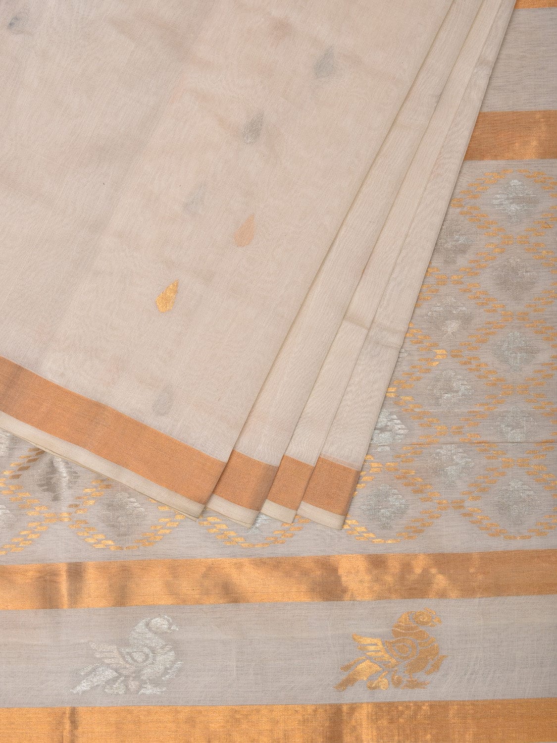 White Uppada Cotton Silk Handloom Saree with Hamsa Pallu Design - Global Threads | Swadesiicart
