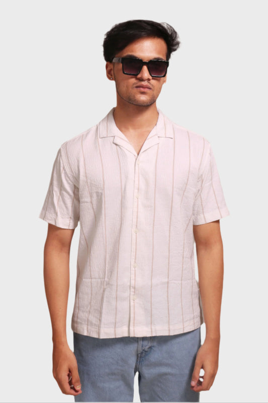 Jonesburg Men's White Beige Stripes Textured Relaxed Fit Shirt | Swadesiicart