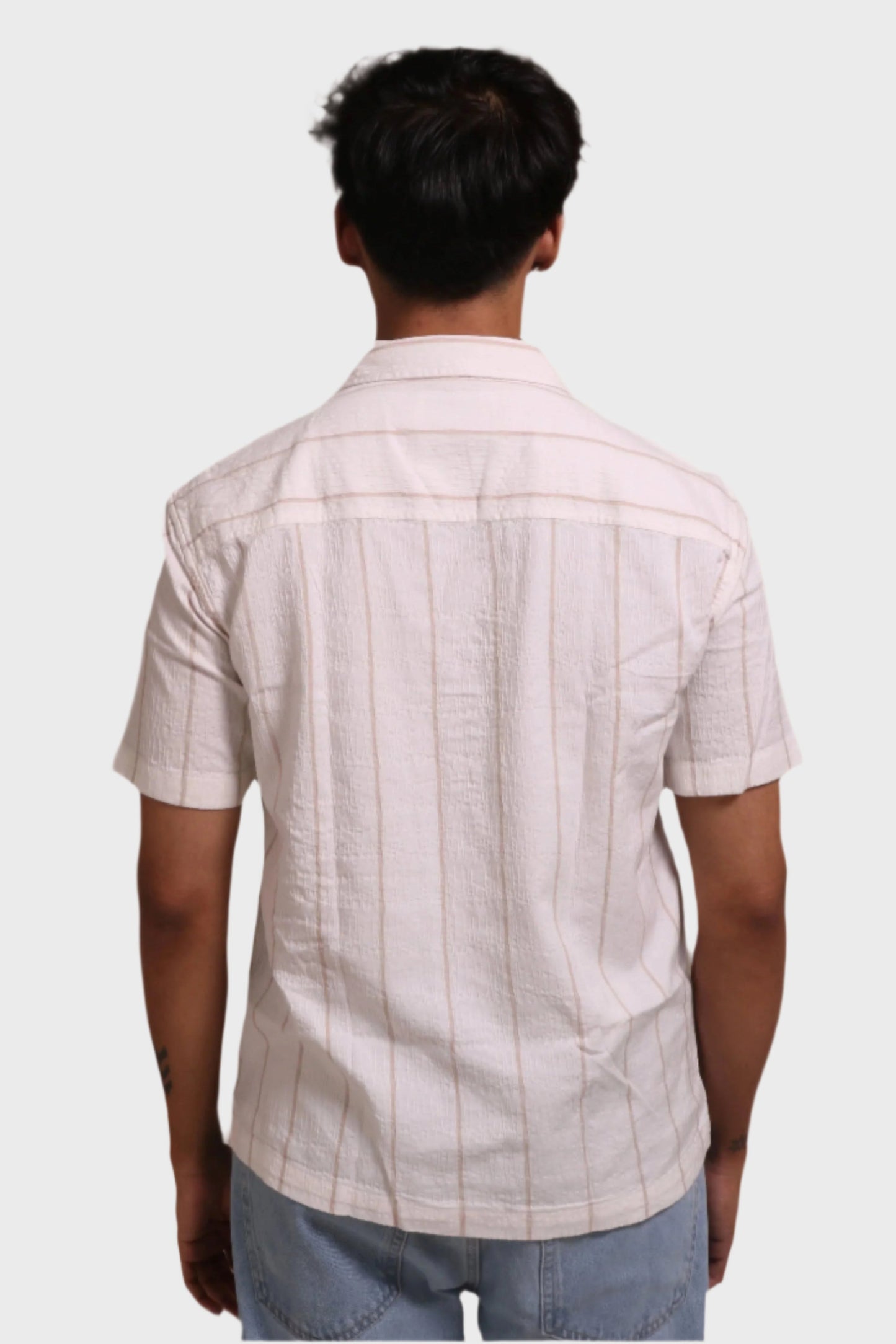 Jonesburg Men's White Beige Stripes Textured Relaxed Fit Shirt | Swadesiicart