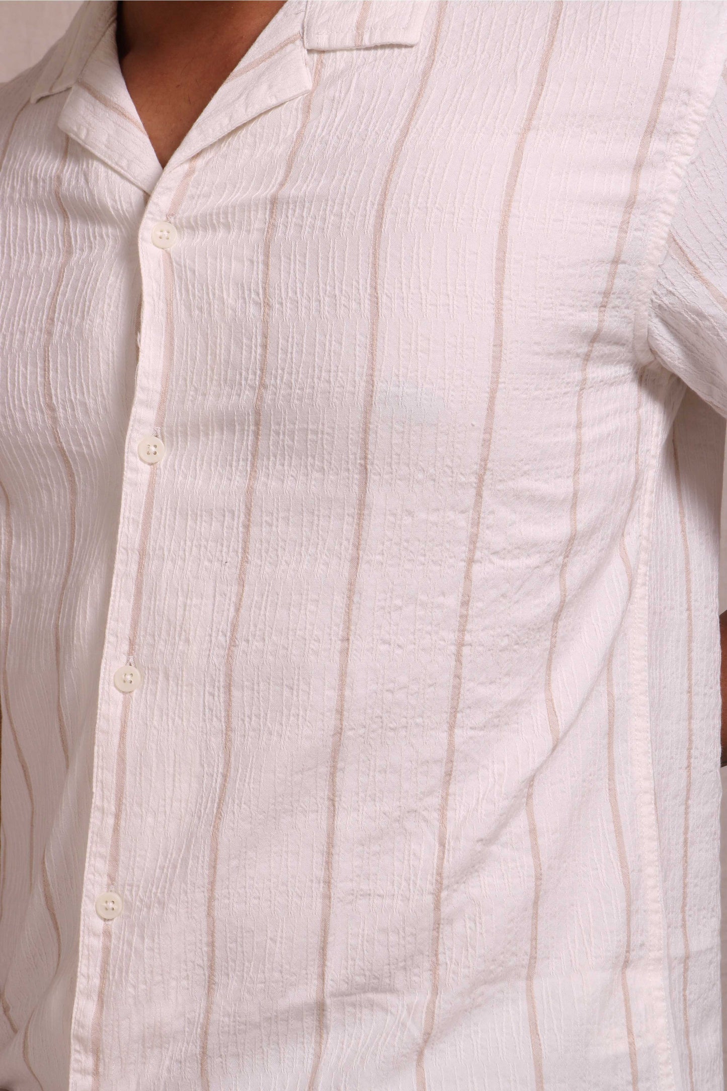 Jonesburg Men's White Beige Stripes Textured Relaxed Fit Shirt | Swadesiicart