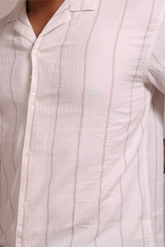Jonesburg Men's White Beige Stripes Textured Relaxed Fit Shirt | Swadesiicart
