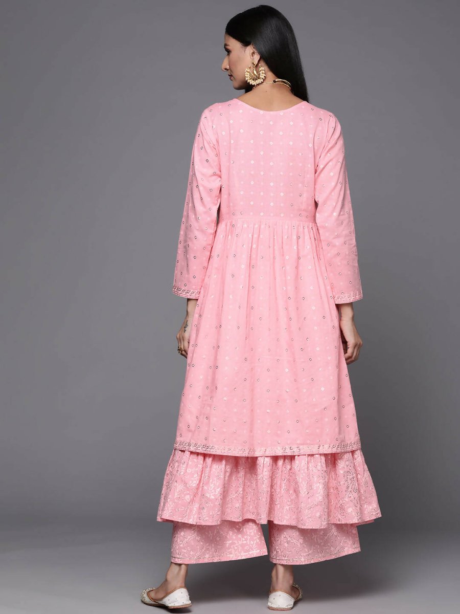 Ahalyaa Pink & Gold Ethnic Printed Layered Front Slit Cotton Anarkali Kurta Palazzos | Swadesiicart