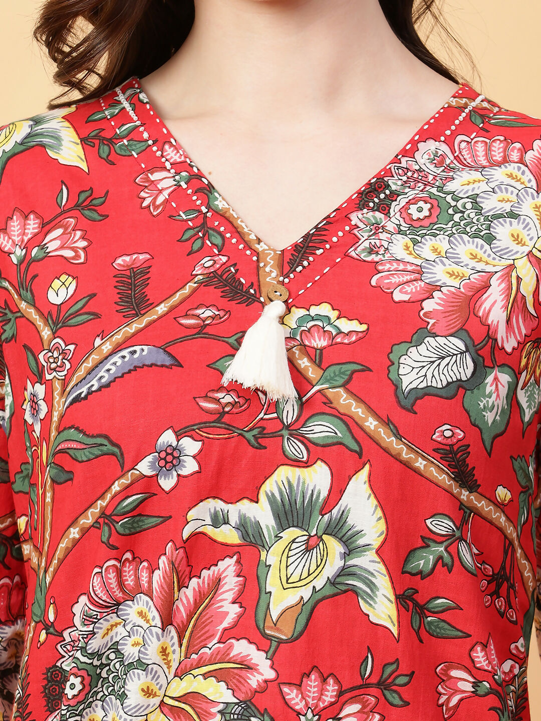 Joban Fashion Red Cotton Printed & Hand Work Co-ord Set - Swadesiicart