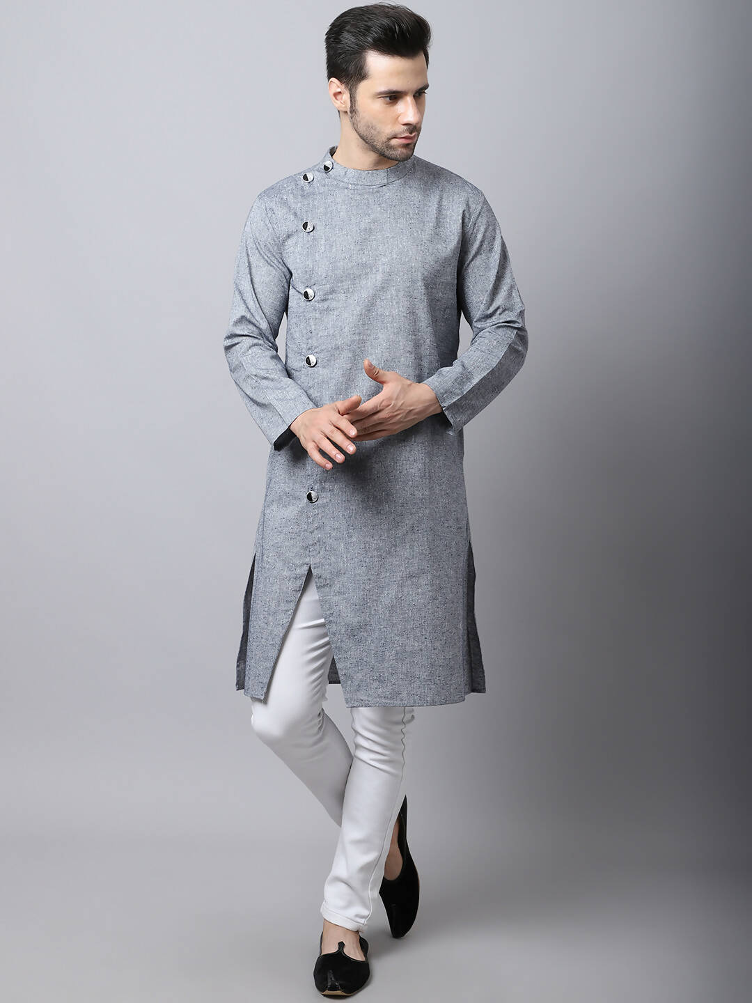 Even Apparels Grey Pure Cotton Sherwani Men's Kurta With Asymetrical Cut | Swadesiicart