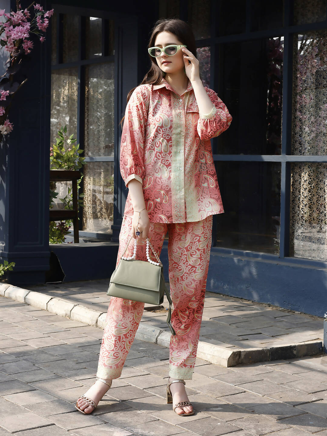 Red & Cream Rayon Paisley Printed Top with Matching Bottom - Eesha - Swadesiicart
