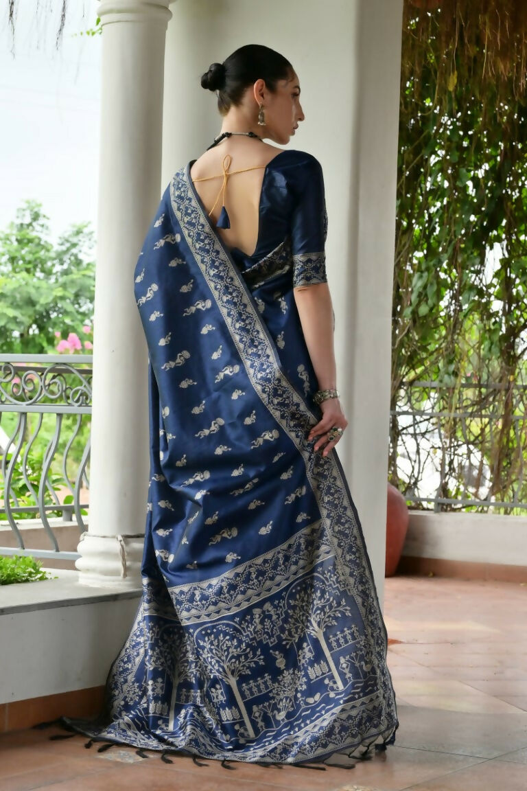 Vishnu Weaves Women's Blue Handloom Raw Silk Thread Weaving Saree with Blouse - Swadesiicart