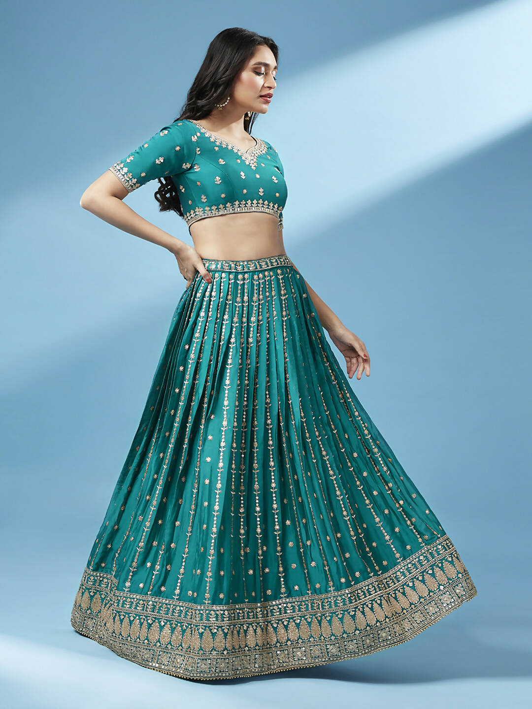 House of Panchhi Green Pure Georgette Sequins Embroidered Lehenga | Swadesiicart