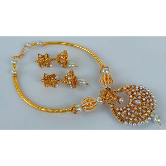 White Kemp Ganesh Temple Neckalce Set - Mokshi Collections