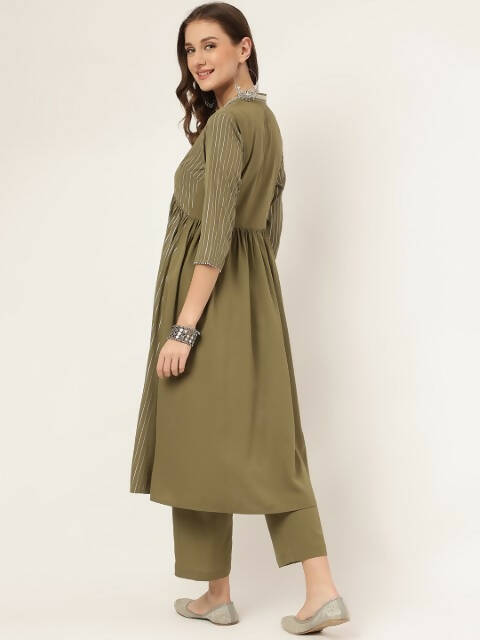FIORRA Women's Olive Green Poly Crepe A-Line Kurta Set - Swadesiicart