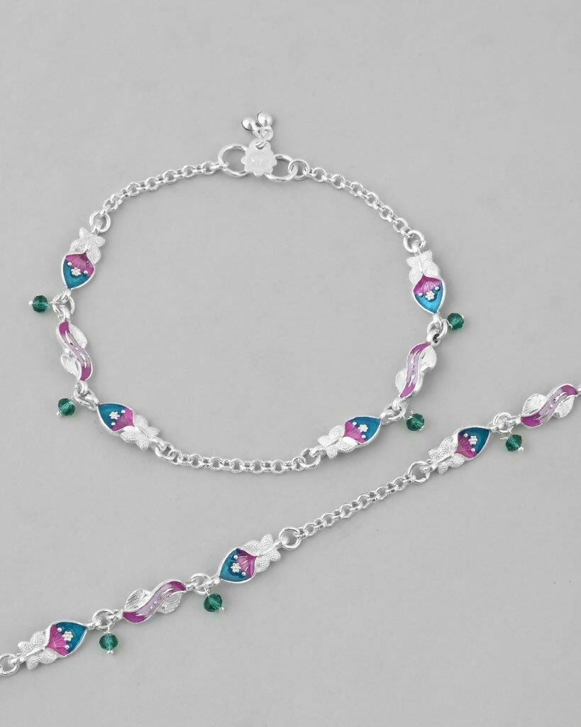 VOJ Set of 2 Stone Studded Mutli Color Designer Anklet - Swadesiicart