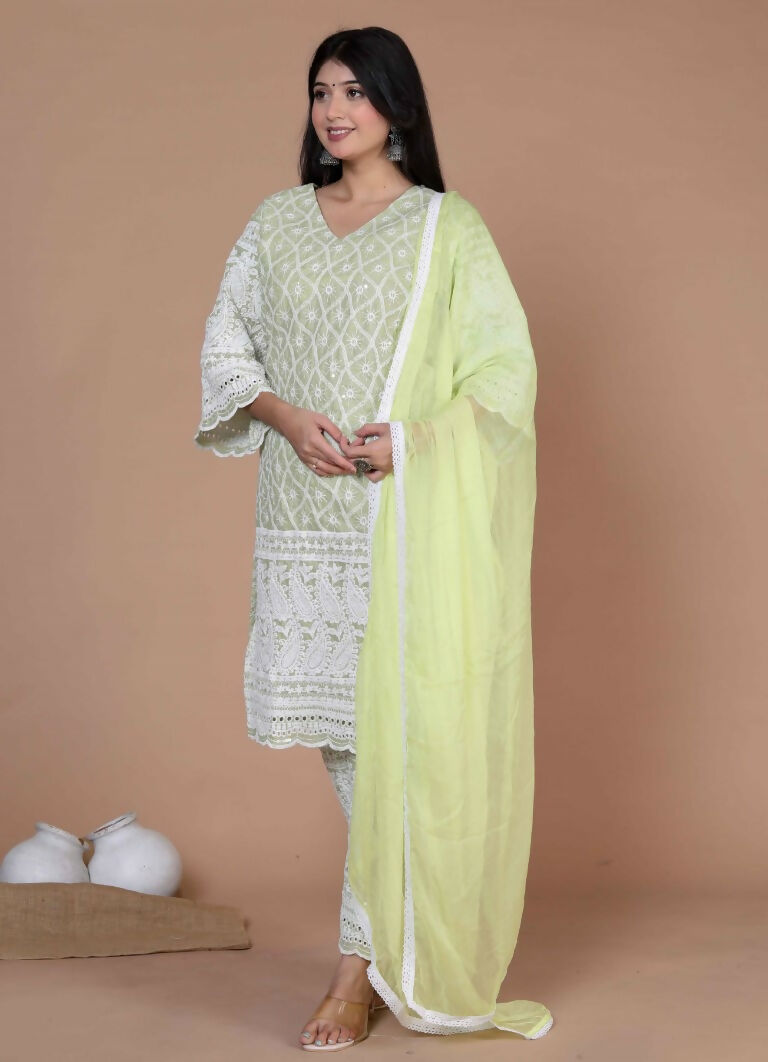 Miravan Women's Chikankari Embroidery Kurta And Palazzo With Dupatta | Swadesiicart