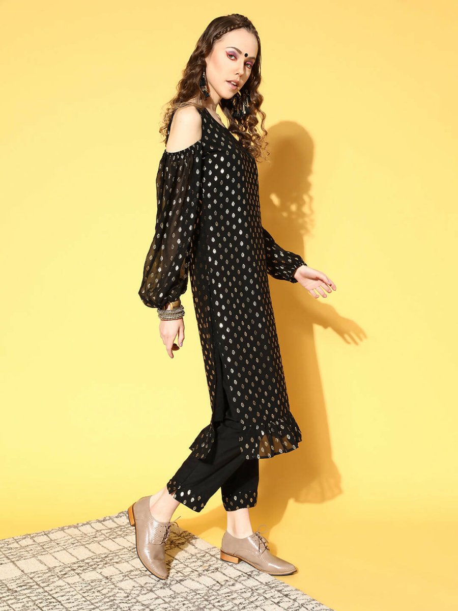 Ahalyaa Women Black Colour Georgette Gold Foil Printed Kurta Pant Set | Swadesiicart