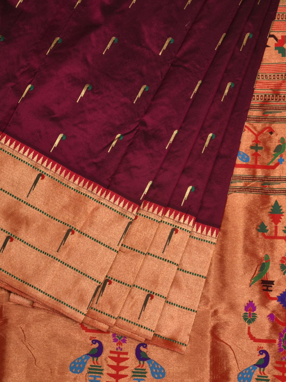 Wine Paithani Silk Handloom Saree with Pallu and Triple Muniya Border Design - Global Threads | Swadesiicart