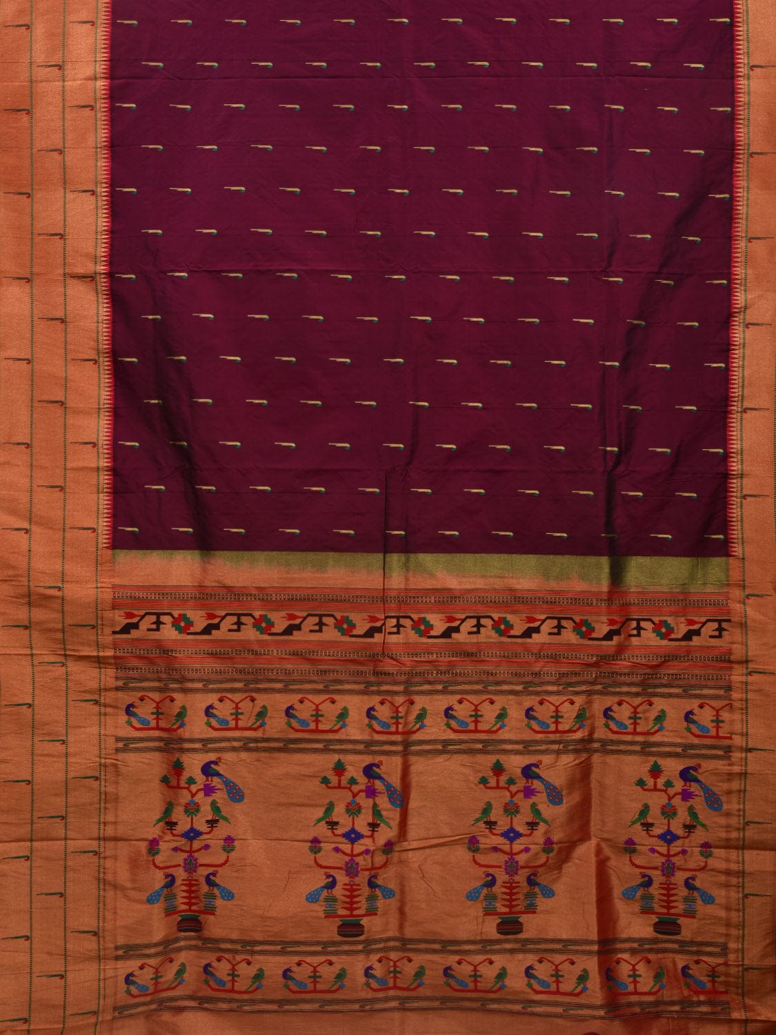 Wine Paithani Silk Handloom Saree with Pallu and Triple Muniya Border Design - Global Threads | Swadesiicart