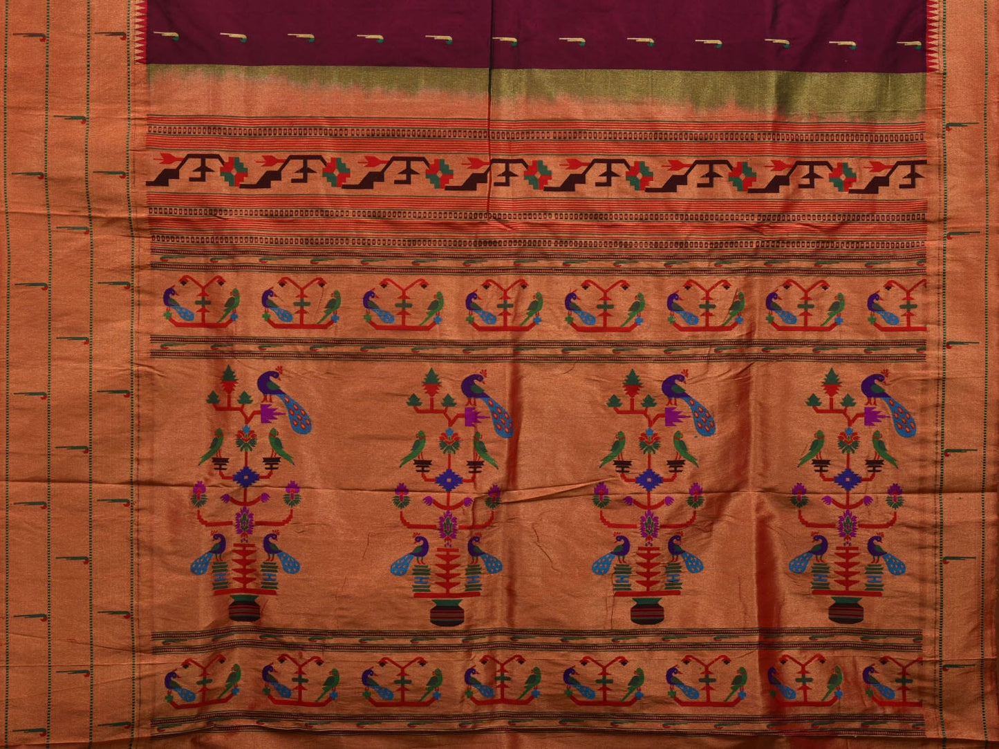 Wine Paithani Silk Handloom Saree with Pallu and Triple Muniya Border Design - Global Threads | Swadesiicart