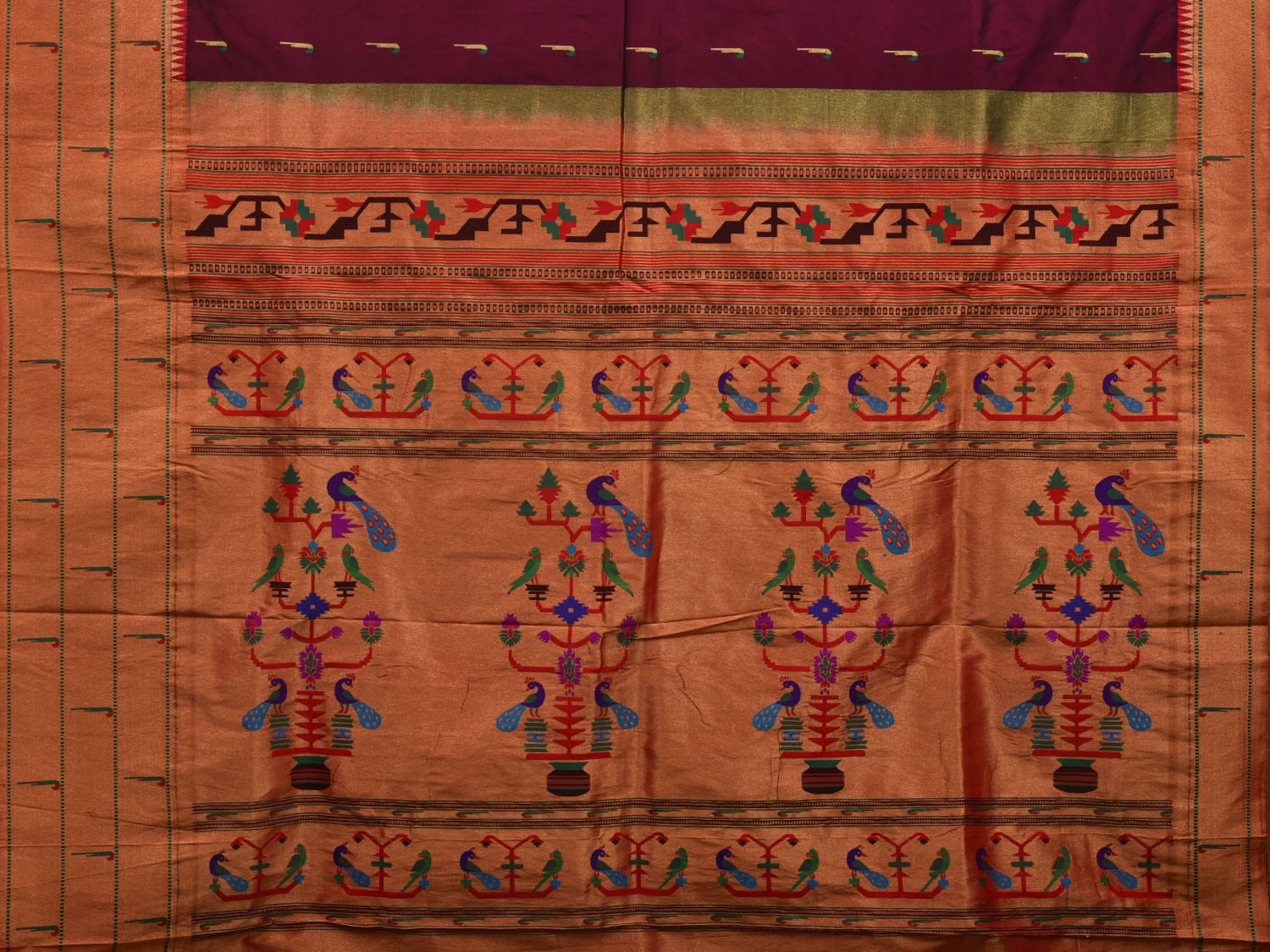 Wine Paithani Silk Handloom Saree with Pallu and Triple Muniya Border Design - Global Threads | Swadesiicart