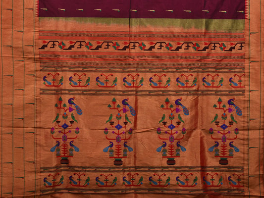 Wine Paithani Silk Handloom Saree with Pallu and Triple Muniya Border Design - Global Threads | Swadesiicart