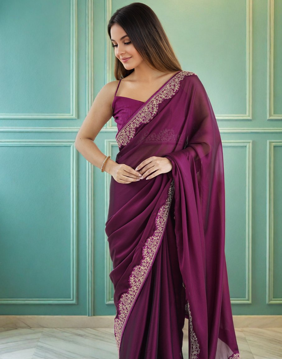 Lorenvalley Fashion Wine Rangoli Silk with Coding Lace Work Saree with Blouse - Swadesiicart