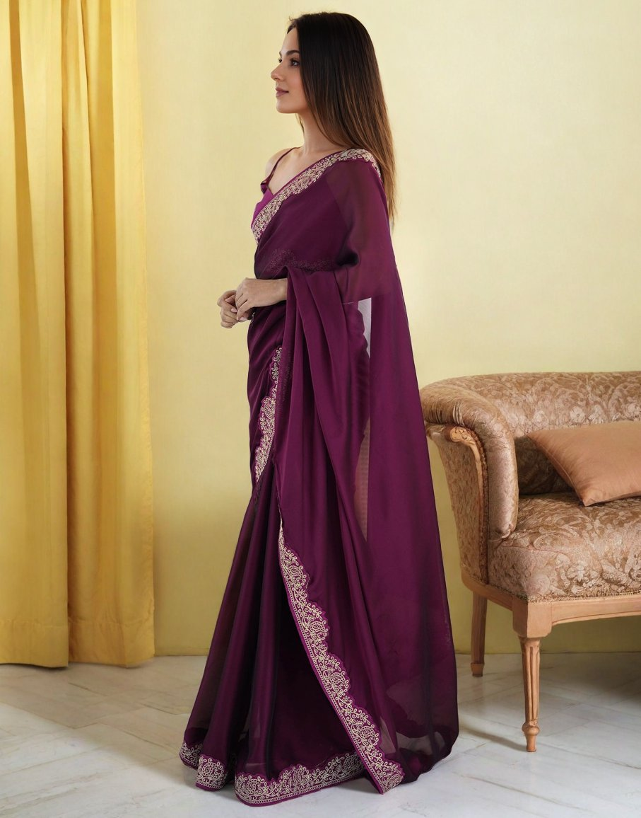 Lorenvalley Fashion Wine Rangoli Silk with Coding Lace Work Saree with Blouse - Swadesiicart