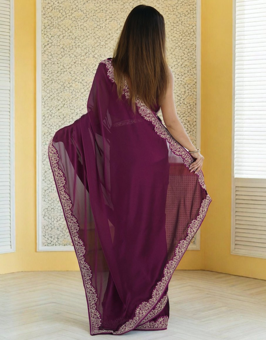 Lorenvalley Fashion Wine Rangoli Silk with Coding Lace Work Saree with Blouse - Swadesiicart
