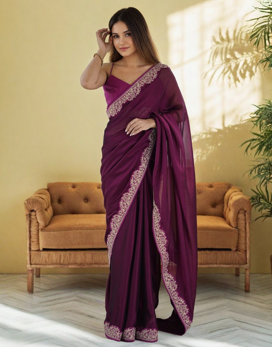 Lorenvalley Fashion Wine Rangoli Silk with Coding Lace Work Saree with Blouse - Swadesiicart