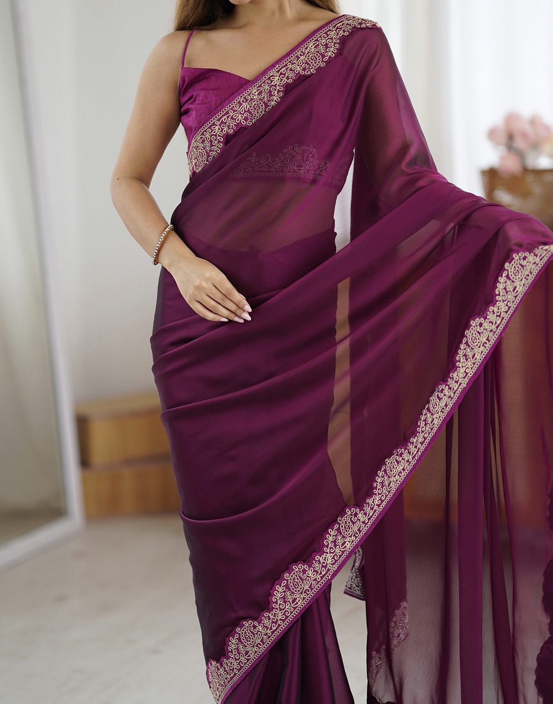 Lorenvalley Fashion Wine Rangoli Silk with Coding Lace Work Saree with Blouse - Swadesiicart