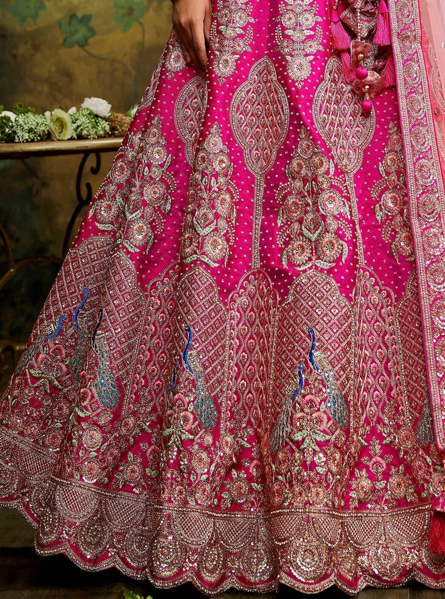 House of Panchhi Pink Pure Silk Moti & Zarkan heavy embroidery Lehenga choli & Dupatta | Swadesiicart