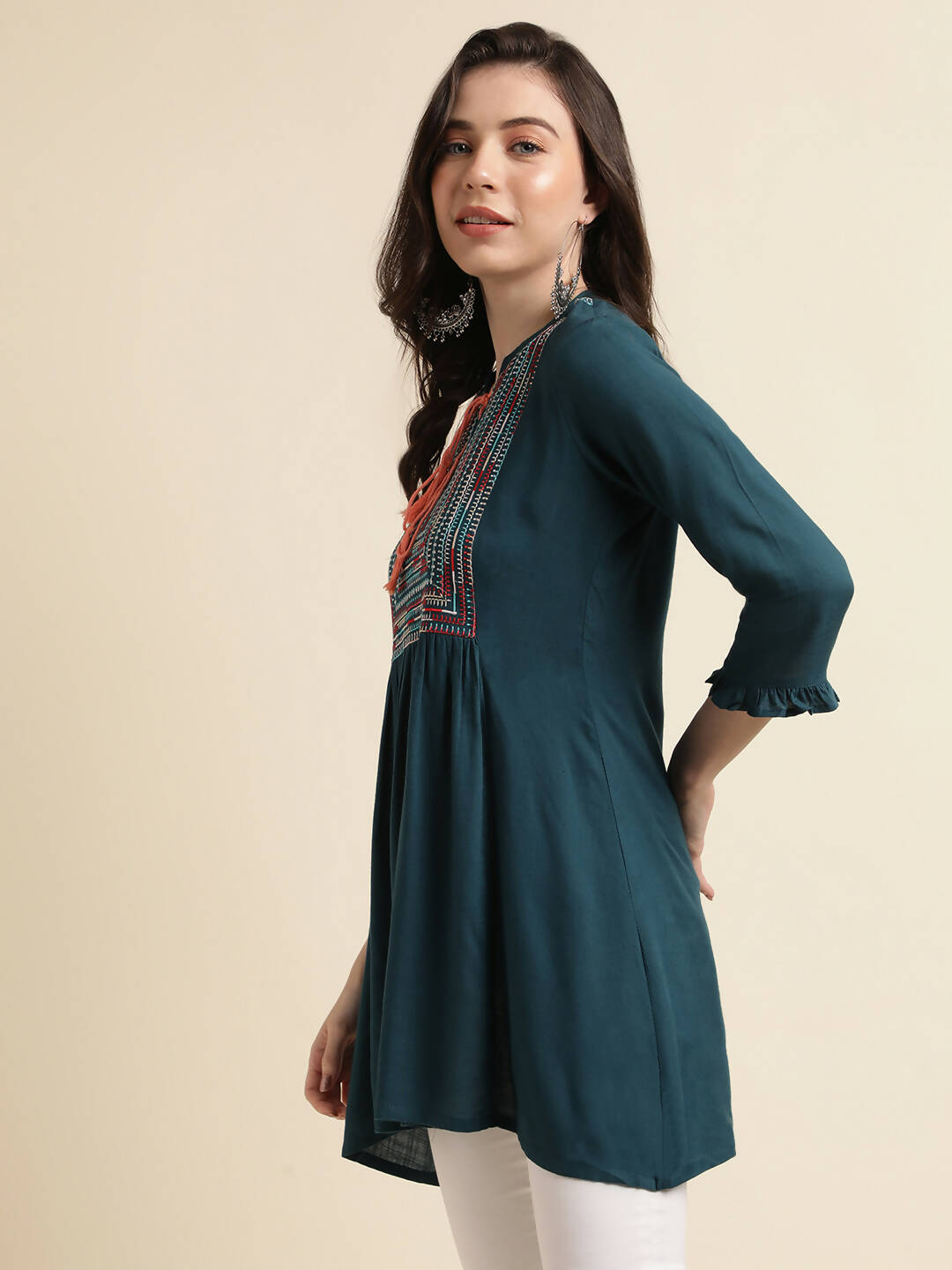 Teal Rayon Yoke Embroidered A-line Top - Tarini - Swadesiicart